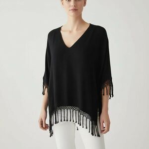 Dairi Fashion Black Fringe Crochet Tunic Top One Size Boho V‑Neck Morocco NWT